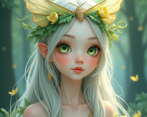 Fantasy Character with Silver Hair and Butterfly Wings