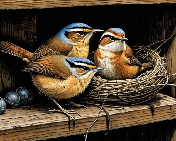 Intricately Detailed Birds Nestled on Rustic Shelf