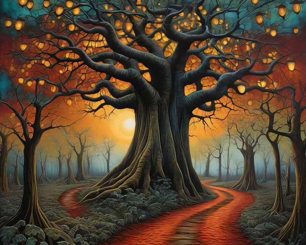Illustration of a Gnarled Tree with Lanterns at Dusk
