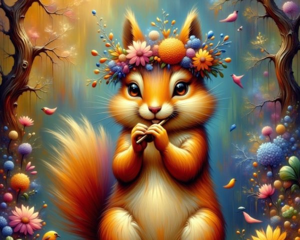 Whimsical Squirrel with Flower Crown in Nature Scene