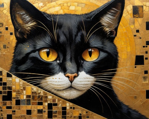 Black Cat with Golden Eyes and Geometric Patterns
