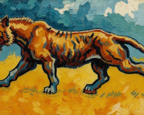 Stylized Tiger Walking in a Golden Landscape Artwork