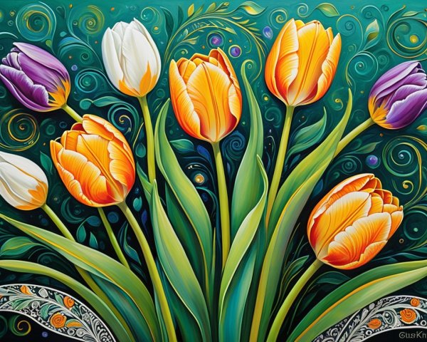 Colorful Tulip Painting with Lush Green Leaves