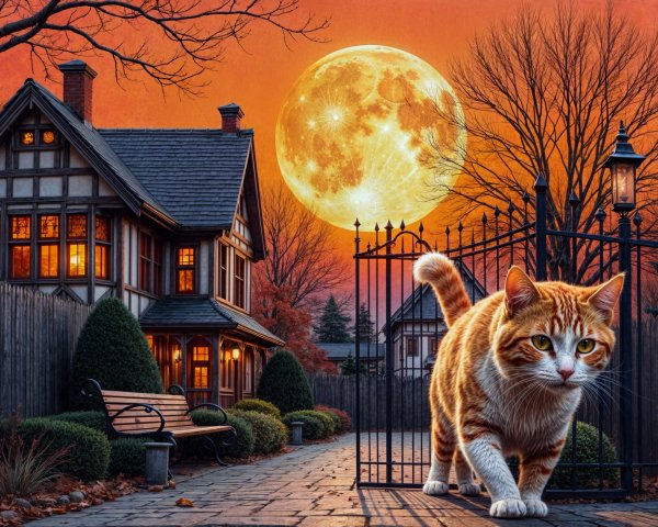 Ginger Cat in Moonlit Neighborhood with Fall Decor