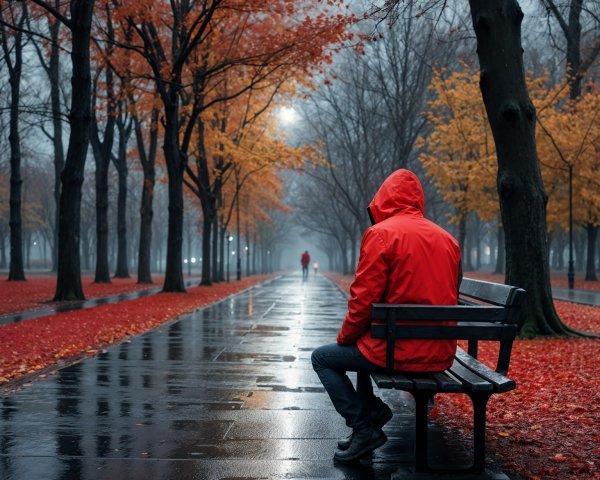 Lone Figure in Red Hoodie in Autumn Park Scene