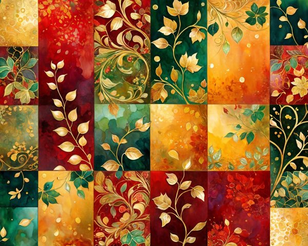 Vibrant Collage of Leaf and Floral Patterns in Rich Colors