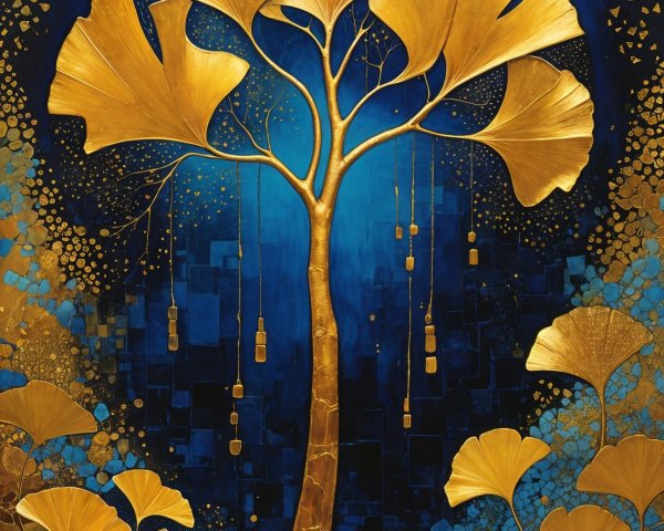 Golden Ginkgo Tree Artwork on Deep Blue Background