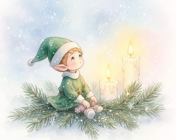 Christmas Watercolor of Baby Elf on Fir Branches