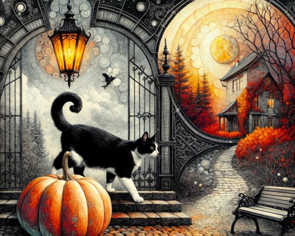 Whimsical Cat and Pumpkin Scene with Autumn Foliage