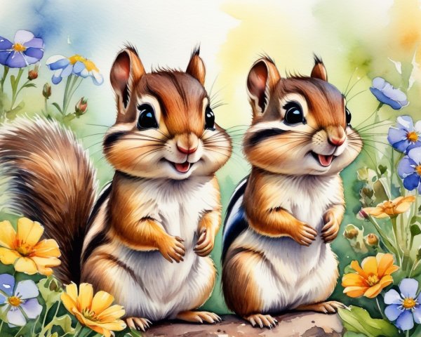 Chipmunks on Stone Surrounded by Colorful Wildflowers