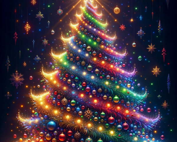 Neon Christmas Tree with Colorful Lights and Ornaments