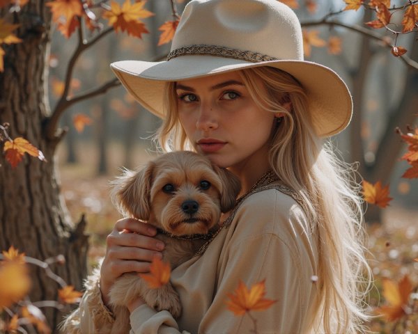 Young woman with dog in autumn leaves setting