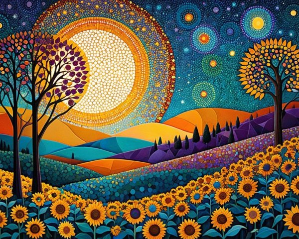 Vibrant Landscape with Sunflowers and Colorful Sky