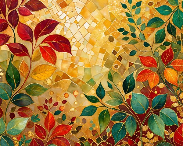 Vibrant Autumn Mosaic of Leaves on Golden Background