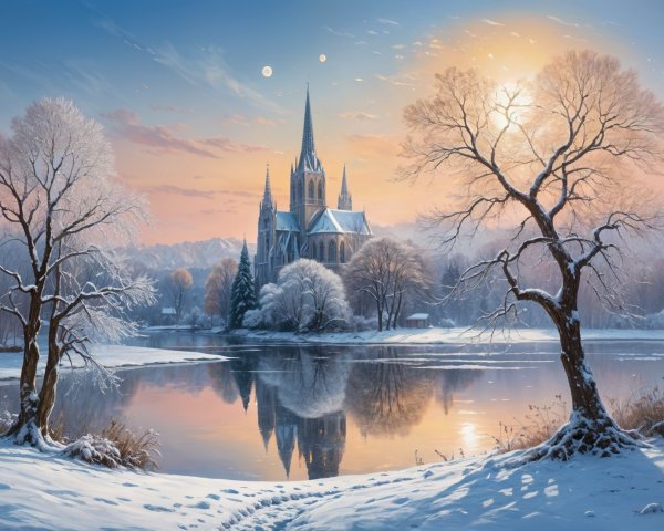 Serene Winter Landscape with Church and Sunset Reflection