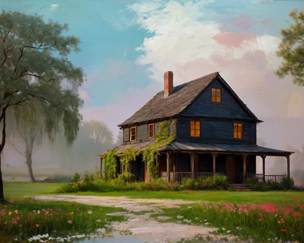 Weathered Farmhouse Surrounded by Colorful Garden