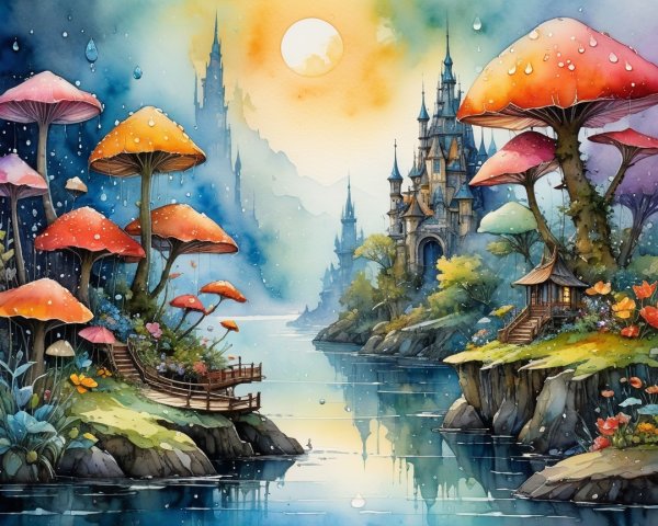 Whimsical Illustration of Mushrooms and Castle Landscape
