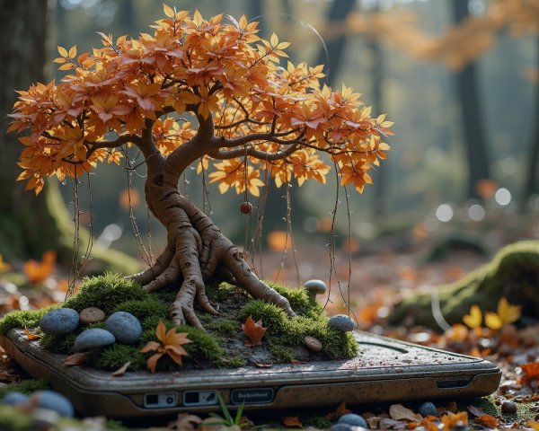 Whimsical Maple Tree Growing from an Old Laptop