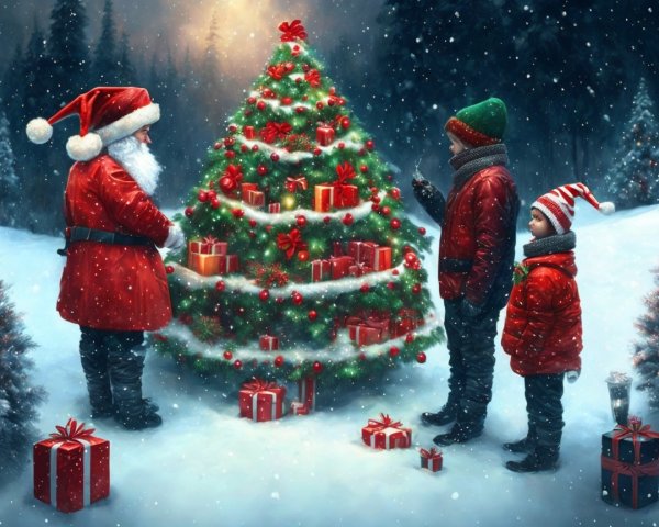 Santa Claus with Children by a Decorated Christmas Tree