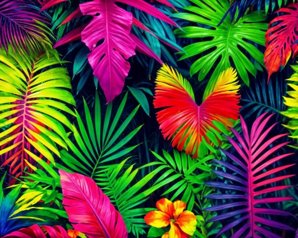 Vibrant Tropical Backdrop with Colorful Leaves and Flowers