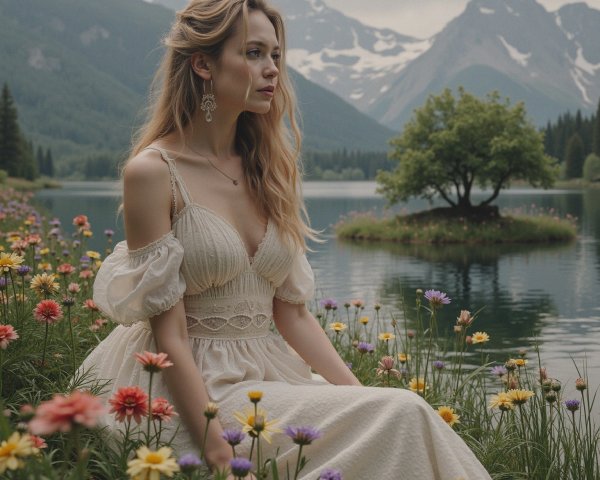 Young Woman in Cream Dress in Flower Meadow Scene