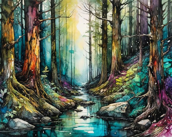 Vibrant Forest with Colorful Trees and Serene Stream