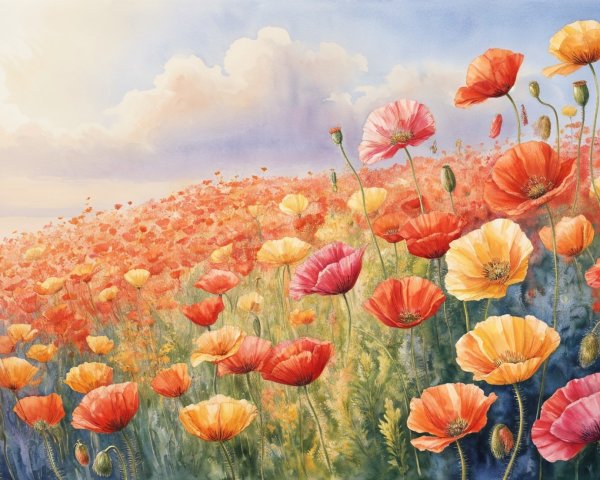 Vibrant Poppy Landscape with Soft Pastel Sky