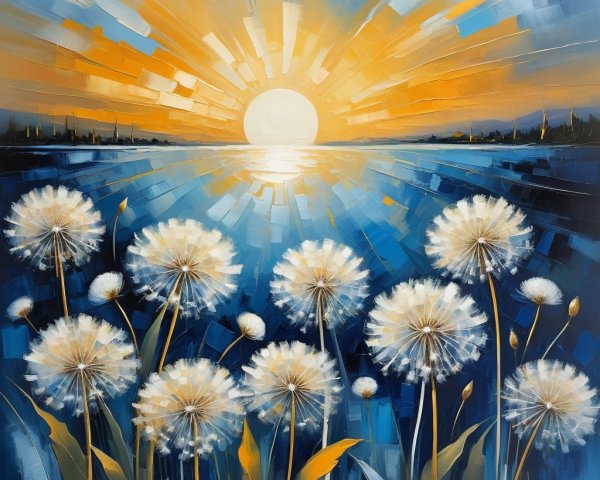 Vibrant Sunrise Over Dandelion-Filled Landscape