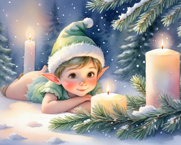Watercolor Painting of a Baby Elf in a Snowy Forest