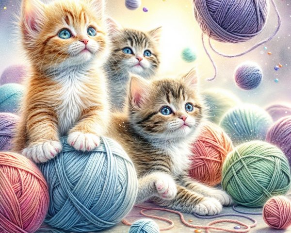 Kittens Playing Among Colorful Yarn Balls in Pastels