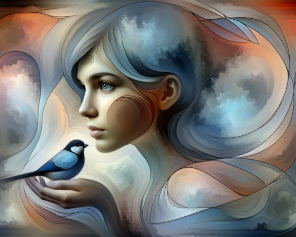 Ethereal Portrait of a Woman with Bluebird and Abstracts