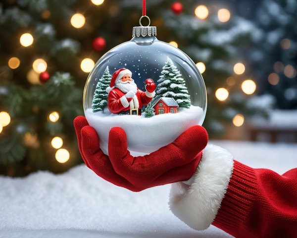 Festive Hand Holding Glass Ornament with Santa Scene