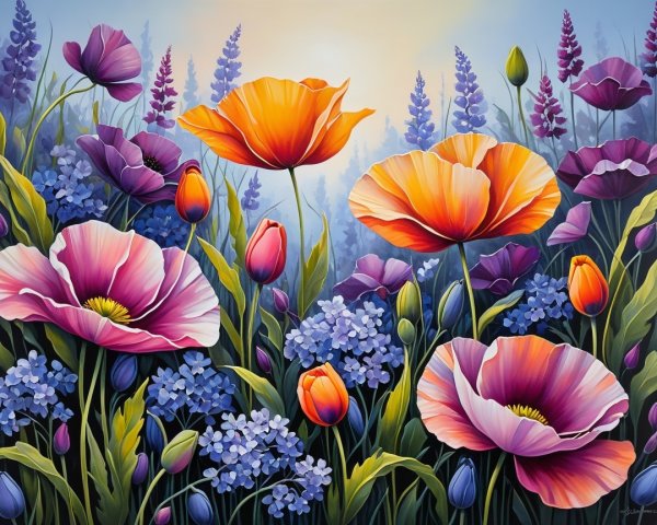 Vibrant Field of Colorful Flowers in Soft Sunlight