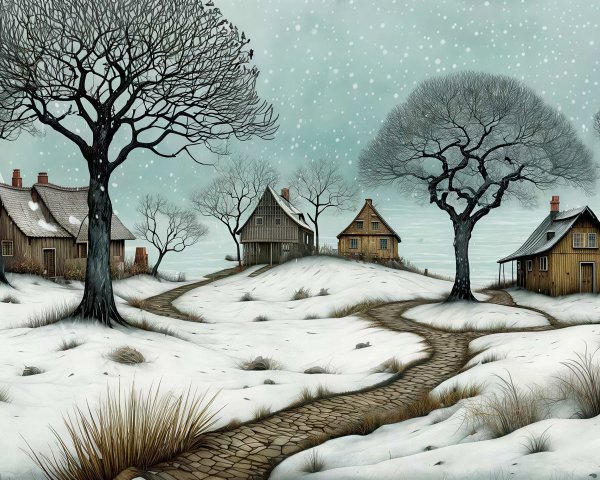 Snowy Village Scene with Colorful Houses and Trees