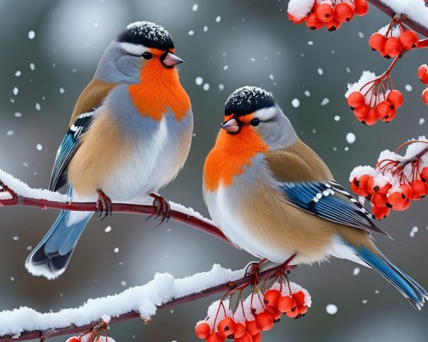 Vibrant Birds on Snow-Covered Branch in Winter Scene