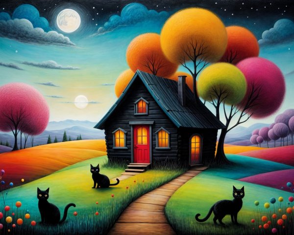 Whimsical Landscape with Cozy Cabin and Cats