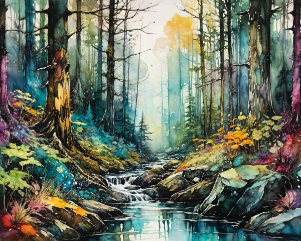 Vibrant Watercolor of a Serene Forest Landscape