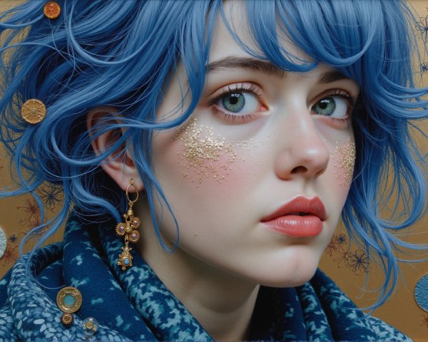 Portrait of a young woman with blue hair and sparkles