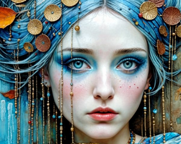 Portrait of a Young Woman with Blue Hair and Leaves