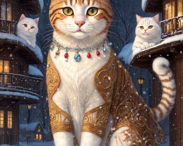 Regal tabby cat in winter scene with fluffy companions
