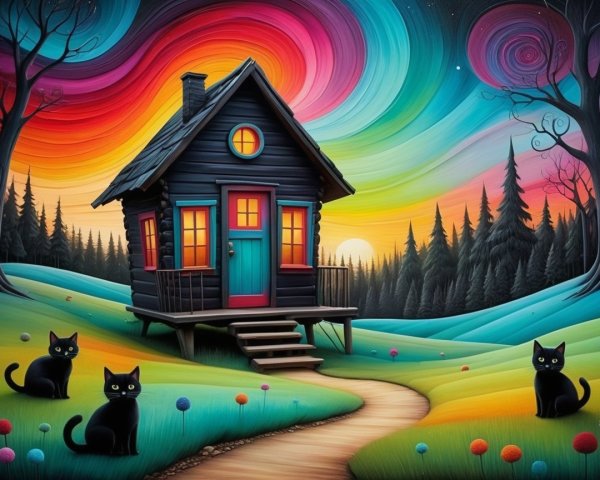Charming Black House with Colorful Windows at Sunset