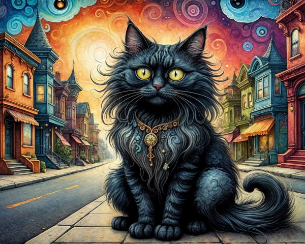 Majestic black cat on cobblestone street at sunset