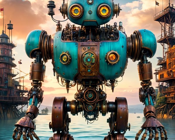 Steampunk Robot in Shallow Water at Sunset