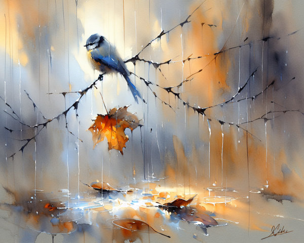 Bluebird on Bare Branch in Misty Autumn Setting