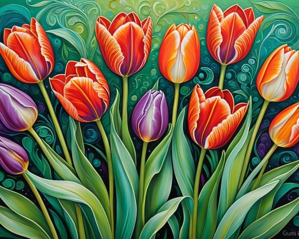 Vibrant Floral Scene with Colorful Tulips and Greenery