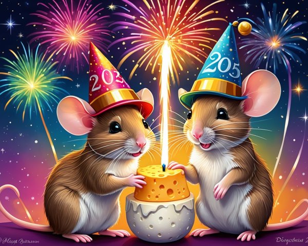 Cartoon Mice Celebrate with Fireworks and Party Hats