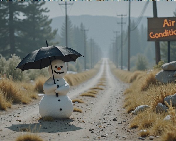 Snowman with Umbrella on Sunlit Dirt Road Scene