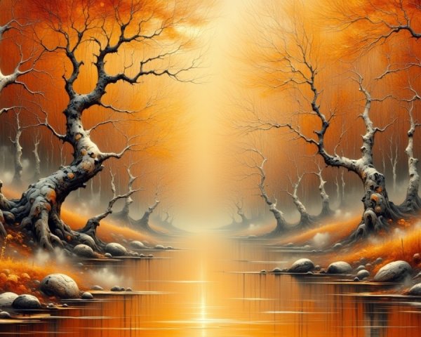 Serene Landscape with Gnarled Trees and Autumn Foliage