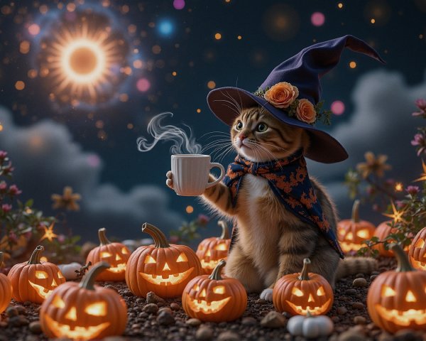 Whimsical Orange Tabby Cat in Witch Hat with Mug