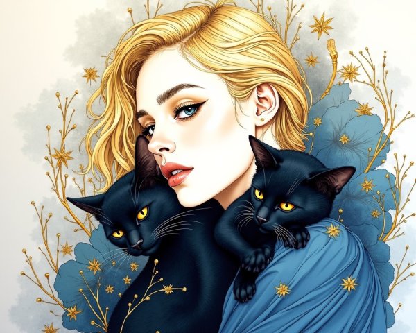 Blonde Woman with Cats Amidst Golden Floral Background